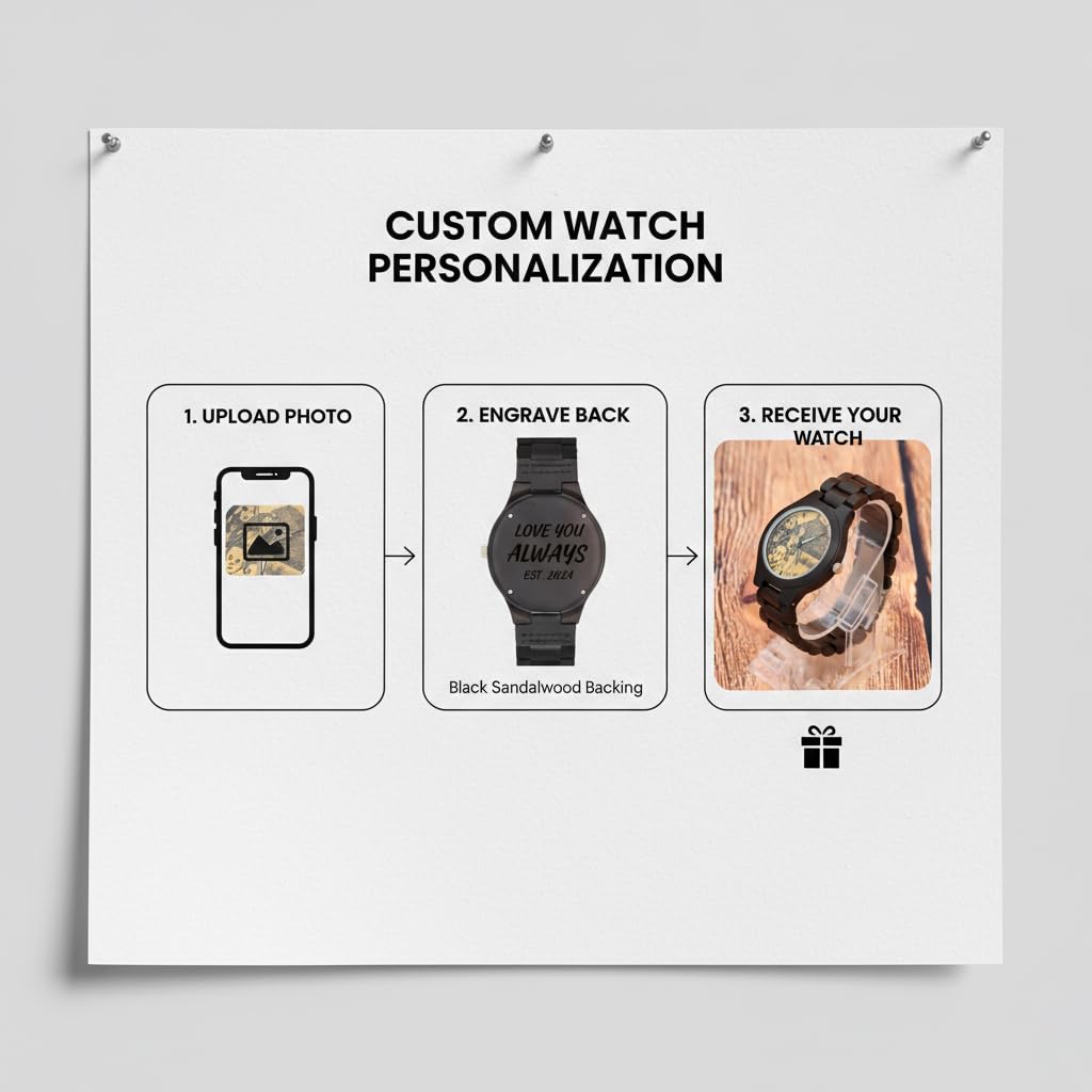 El reloj de madera para hombre para casas de árbol cuenta con un movimiento de cuarzo japonés. Es un reloj de pulsera personalizable elegante y único con una caja de nogal negro.