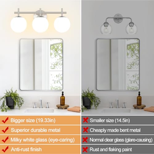 Image of 3-Light Bathroom Light Fixtures with Milky White Glass, Brushed Nickel