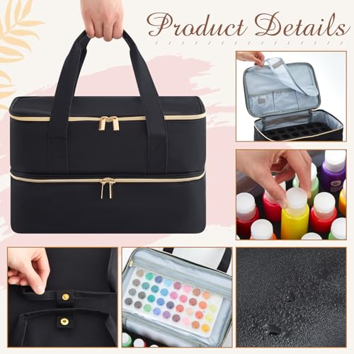 Image of Abbylike Acrylic Paint Organizer Case for up to 56 Bottles (2 Oz) Double Layer Art Supply Storage Bag Alcohol Ink Storage Paint Carry Case with Foam Insert and Inner Pocket(Black)