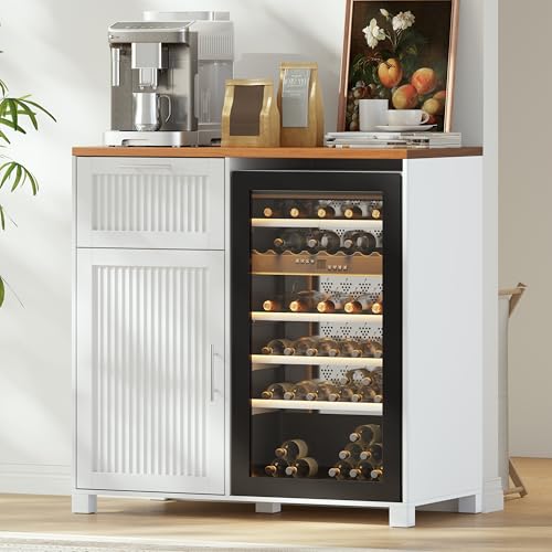 Image of 38.6 inch Long Fluted Mini Fridge Cabinet with Power Outlet & Drawer, White