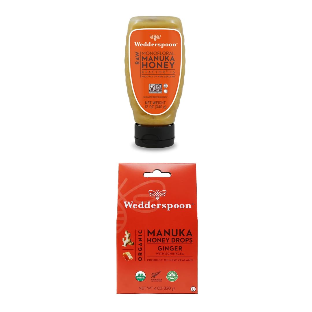 Bundle - Wedderspoon Raw Premium Manuka Honey KFactor 16 Squeeze Bottle (12 Oz) and Manuka Honey Drops, Ginger & Echinacea (4 Oz)
