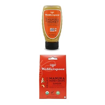Bundle - Wedderspoon Raw Premium Manuka Honey KFactor 16 Squeeze Bottle 12 Oz and Manuka Honey Drops, Ginger & Echinacea 4 Oz