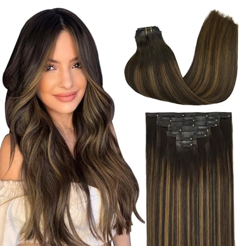 GOO GOO Clip in Hair Extensions Real Human Hair, Remy Human Hair Extensions Clip ins for Women, Natural Human Hair, 22inch 150g 7Pcs, 2/6/2 Balayage Dark Brown to Chestnut Brown