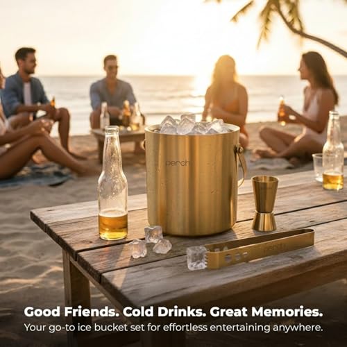 Image of O' Holic by Perch Ice Bucket Trio Stainless Steel - Double Wall Ice Bucket 1.5 Litre with Lid, Ice Tongs & 30 /60 ml Jigger | Insulated Cocktail Barware for Home, Parties & Gifting|Golden
