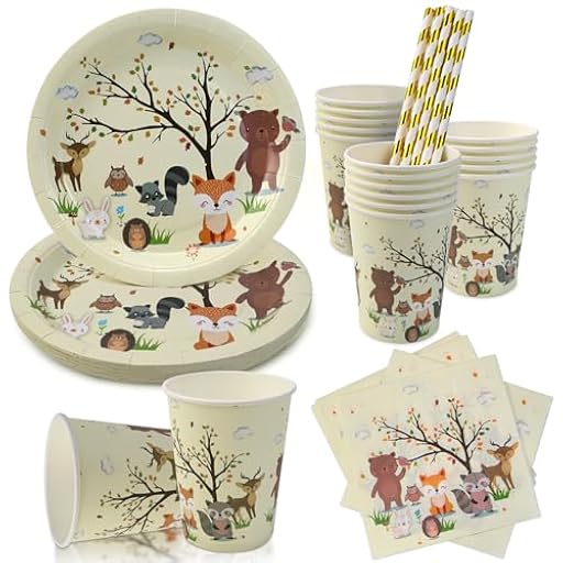 VZXZXE 64 unidades de juego de vajilla para fiesta con animales del bosque, decoración de cumpleaños con animales del bosque, juego de fiesta de selva para cumpleaños infantil. Incluye cubiertos | Ya disponible en tu tienda friki favorita! En mundofriki.es!