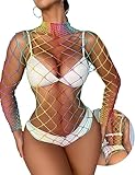KRICJYH Rainbow Fishnet Lingerie for Women Lady Fishnet Bodysuit Sexy Mesh Teddy Colored Stripes Bodystocking Cosplay Halloween Music Festival Smock Lingerie