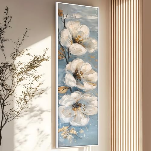 Image of PAINTINGMANTRA White Cherry Blossom Flowers Wall Art Painting, Framed Floral Wall Art Painting for Living Room, Home and Office Wall Decoration (13x47 Inch)
