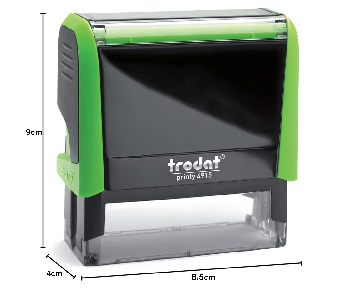 Trodat Printy 4915 Timbro Personalizzato Autoinchiostrante, max 6 Righe, Dimensione Impronta 70x25 mm, Colore Timbro Verde, Cartuccia Inchiostro Blu, Ideale per Uffici, Aziende, Medici, Insegnanti