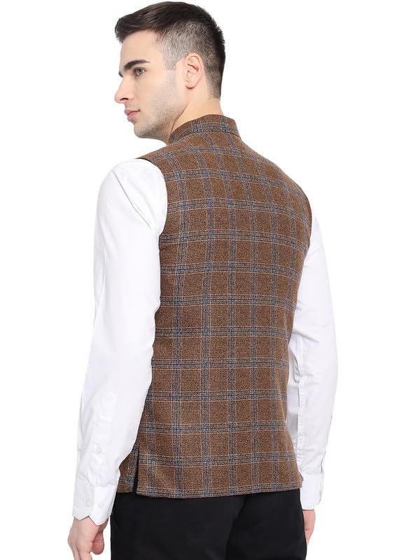 Image of Vastraa Fusion Men's Blue & Grey Chequered Woolen Blended Festive Nehru Jacket /Waistcoat