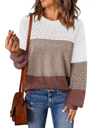 Image of Lylinan Womens Sweaters Casual Boho Long Sleeve Shirts Crewneck Lightweight Crochet Tops Pullover Knit Sweater