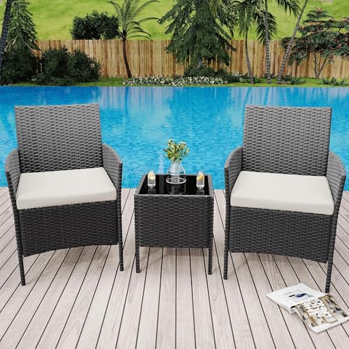 GarveeHome 3-Piece Outdoor Patio Furniture Set, Modern Rattan Chair Conversation Set with Coffee Table for Garden, Yard, Balcony & Porch Poolside, All