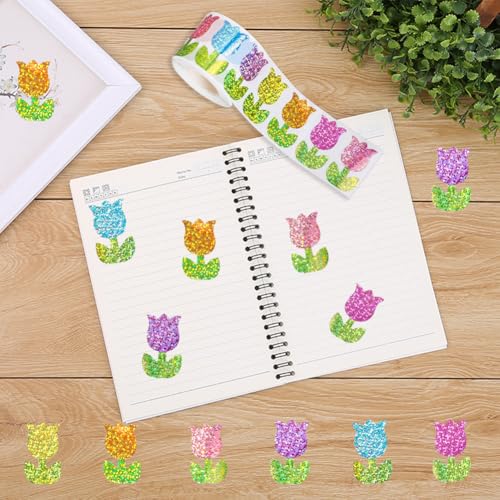 Image of 500Pcs Spring Vinyl Tulip Stickers Roll 1.2in Large Glitter Stickers 6 Colors Flower Label Tag Self-Adhesive Classroom Reward Waterproof Decals for Birthday Envelope Journal Decor