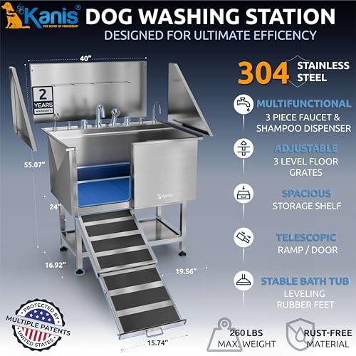 Image of KANIS Dog Washing Station, Stainless Steel Dog Bathtub 40 inch Left Ramp Shelf | 304 Stainless Steel, Grooming Tub, Anti-Slip Floor Grate, Drain Kit, 71 inch Pull-Out Sprayer, Shampoo Dispenser, All Dog Sizes