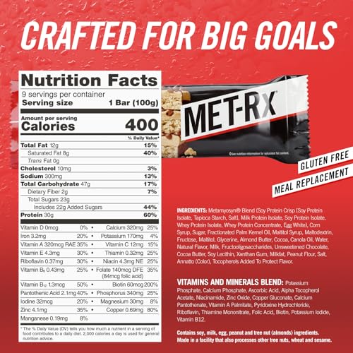 Image of MET-Rx Big 100 Protein Bars, Chocolate Chip Cookie Dough, 30g Protein, 9 Ct | Great as Healthy Meal Replacement, Snack, and Help Support Energy, With Vitamin A, Vitamin C, and Zinc