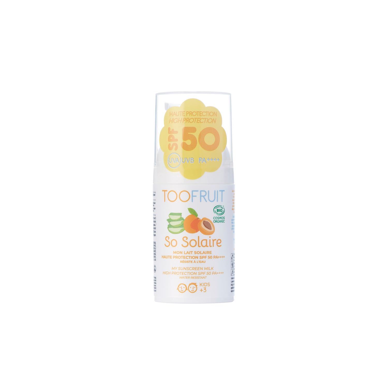 TOOFRUIT- So Solar - My Solar Mleko SPF50 - Organiczne mleko słoneczne dla dzieci, morela i aloes - wysoka ochrona przeciwsłoneczna - UVA/UVB - PA+++, wodoodporne, certyfikat organiczny, 30 ml