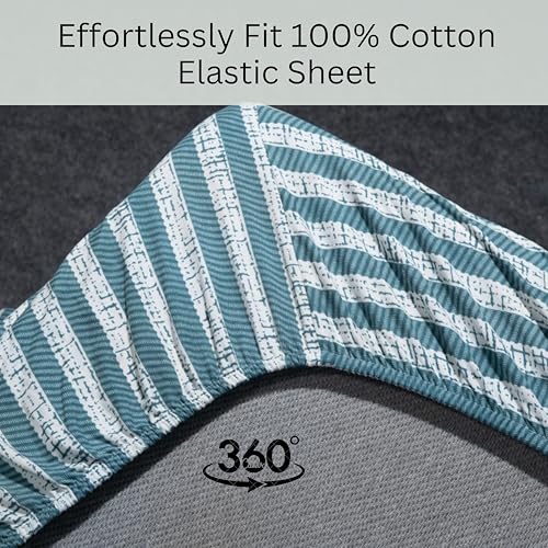 Image of Amazon Brand - Umi Cotton Fitted Bedsheet, Queen Size 78x60 Inches, Elastic Fit Bed Sheet, 10 Inch Deep Pocket, Soft Breathable Bedding, Durable Easy Care, with Pillow Cover-Aqua Stripe