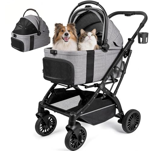Image of Small Dog Stroller, Pet Stroller for Small Dogs, 5-in-1 Dog Strollers - Fold All in One Without Detaching Carrier, Pet Strollers with Removable Waterproof Carrier for Dogs Cats 10 lbs 20 lbs - Grey