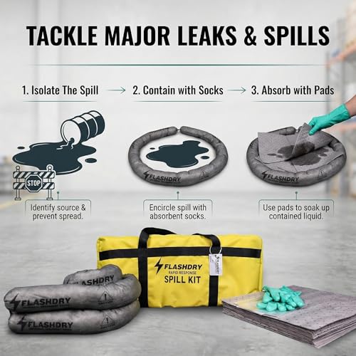 Image of FlashDry Portable Universal Spill Kit - Set of 2 - Flashdry Portable Complete Spill Kits with Yellow Duffle, Bag Tag, 15 Spill Absorbent Pads, 2 3 inchx4' Sorbent Socks, Disposal Bags, Nitrile Gloves