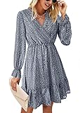 KIRUNDO Women's 2024 Spring Dresses Casual Long Sleeve Floral Print V Neck Ruffle High Waist Flowy Mini Dress with Belt(Dark Blue, Medium)