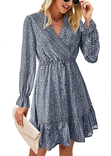Image of KIRUNDO Women Casual Summer Fall Dresses Long Sleeve Floral Wrap V Neck High Waist Ruffle Tiered A Line Flowy Mini Dress