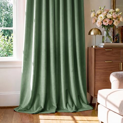 Image of Emerald Green Velvet Thermal Curtains for Bedroom, W52 x L108, 2 Pcs | Back Tab, Room Darkening, 300GSM Soft Velvet, Privacy Door Curtains for Living, Dining Room, Holiday, Chrismas, Home Decor
