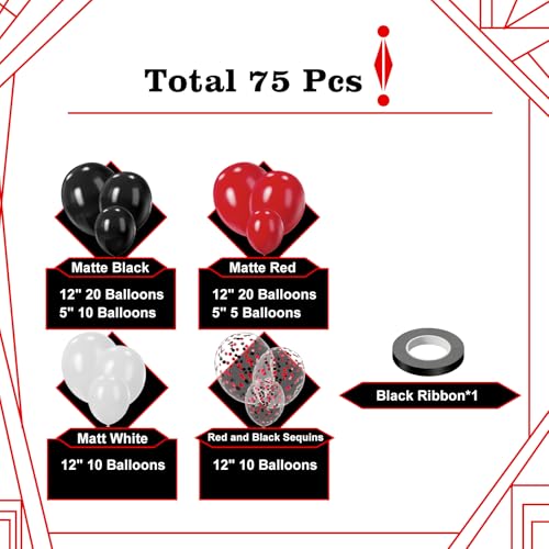 Image of Red Black and White Balloons, 75PCS Red and Black Balloons, 12in and 5in Red White and Black Latex Party Balloons