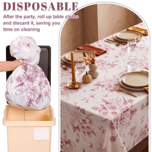 Image of 3 Pcs Burgundy Floral Plastic Tablecloths, 54 X 108Inch Fall Party Tablecloth Disposable Table Cloth Burgundy and White Porcelain Tables Decor for Autumn Dinner Harvest Wedding Birthday Picnic