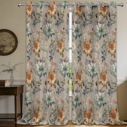 Brown Floral Blackout Curtains, Boho Drapes 96 inches length, 2 Panels