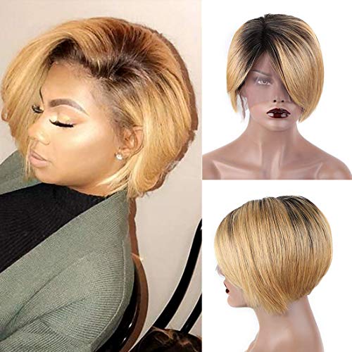 SINGLE BEST Ombre Color 1b27 Short Pixie Cut Wigs T Lace Frontal Wigs Side Part Short Bob wigs for Black Woman Brazilian Virgin Human Hair Haircuts Natural Hairline
