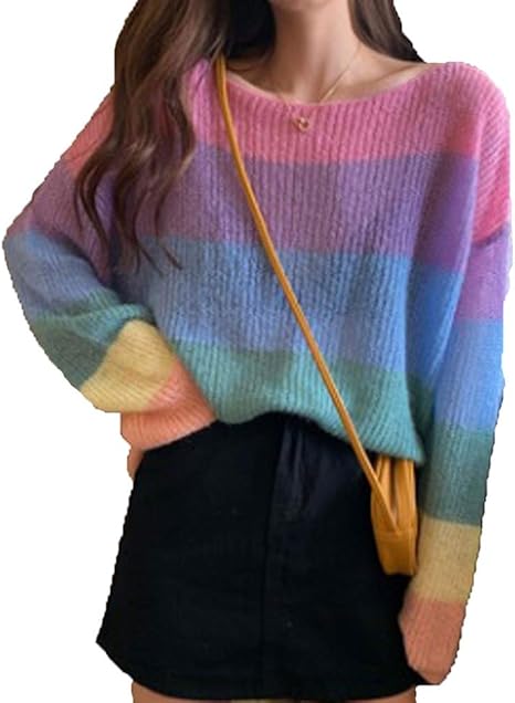 Amazon An Shulla N ニットセーター 虹模様 オールシーズン 軽い 可愛い レディース トップス 柔らかい オシャレ 春秋冬 服 ファッション小物 通販