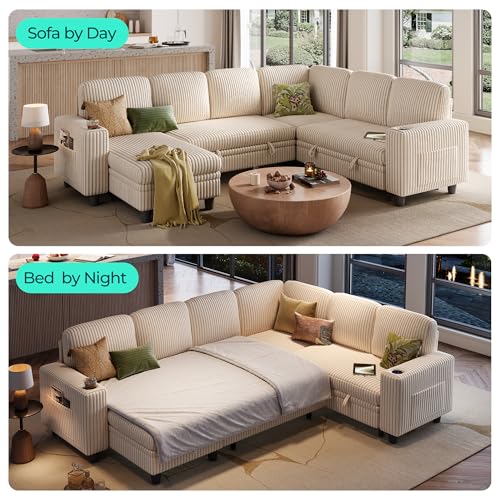 Image of LINSY HOME Sectional Sleeper Sofa with Pull Out Couch Bed - Convertible Plush Corduroy Cloud Couch with Storage Chaise & USB Charging, Comfy Modular Couches for Living Room, Beige