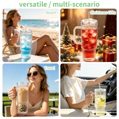 Image of Birity 40oz Ribbed Glass Tumbler with Handle,2Pack Iced Coffee Cup with Lid | Reusable Glass Cup with Lid for Smoothies,Soda,Tea-Glass Water Bottles Drinking Glasses for Camping,Travel,and Outdoor