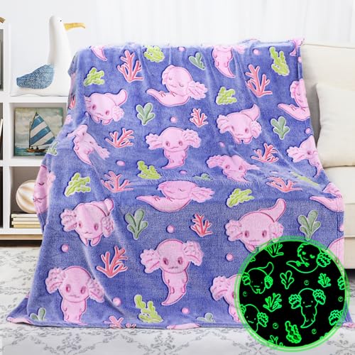 Image of Cute Axolotl Blanket Glow in The Dark Blanket Axolotl Gifts Toys for Girls Birthday Axolotl Room Decor 60 inchx80 inch