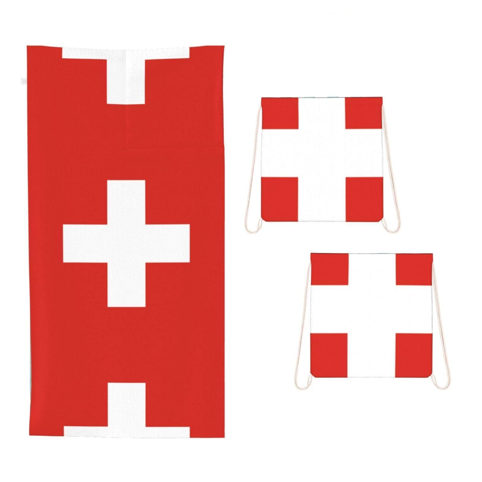 CNTDBU Swiss Flag 2 in 1 Packable Towel Bag-Large Beach Towel with Stuff Sack, Super Absorbent Microfiber Travel Towel for Pool