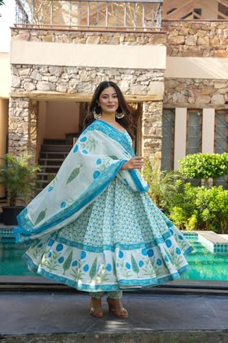Image of GoSriKi Women's Rayon Viscose Printed Anarkali Kurta with Pant & Dupatta | Anarkali Suit for Women | Pure Cotton Suit Set for Women | Block Print Kurta Palazzo Dupatta Set