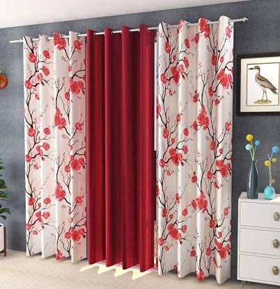 Parda Sansar 3 Piece Combination Polyester Grommet Curtains For Long Door 9 Feet (Maroon -1 Plain + 2 Printed, Window - 9 Feet)