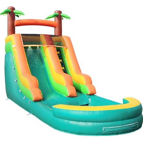 26FT Inflatable Water Slide, PVC Commercial Grade Water Slide with Splash Pool, 4-in-1 Tropical Rainforest Style Water Slide with Climbing & Basketball Set & Air Blower for Birthday, Party