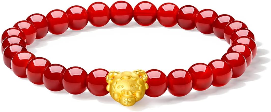 24K Solid Gold Bracelets for Women, Stretchable Lucky Animals Real Gold Rabbit Bangle Charm Bracelets, Pure Gold Agate Beaded Zodiac Bunny Bracelet