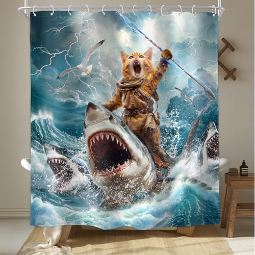 Image of Funny Cat Riding Shark Shower Curtain Ocean Waves 60Wx72H Inch Decor | Hilarious Surfing Cool Beach Blue Sky White Clouds Boys Men Waterproof Polyester Fabric Bathroom Bathtub with 12 Hooks