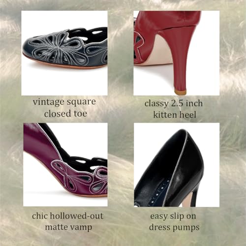 Women Kitten Heel Pumps Shoes Square Closed Toe Caged Dress Sandals Slip On Metallic Matte Stiletto Pumps Embroidered Dress Shoes for Office Ladies Wedding Party Vintage Elegant 4-11 M US3