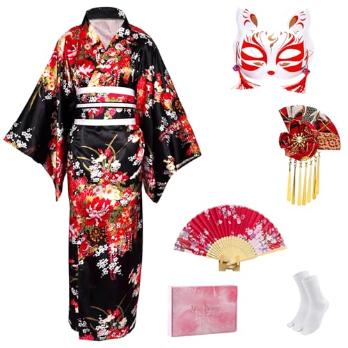 CRFASIBE Japanese Kimono Geisha Costume Asian Dress Cosplay Anime Halloween Costume Yukata Women Fancy Robe 5pcs(Black)