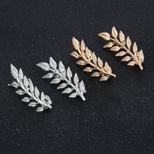 Image of coadipress Gentlemen Gold Silver Leaf Brooches Simple Elegant Retro Double Leaf Collar Pin Brooch Gold Silver Plant Leaves Brooches
