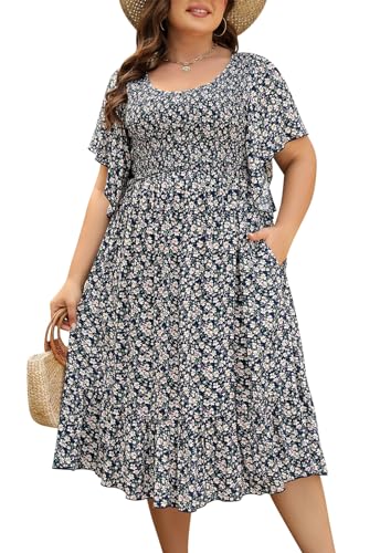 Image of Keluummi Plus Size Wedding Guest Midi Dress for Curvy Women, Summer Casual Boho Floral Empire Waist Party Dress with Pockets