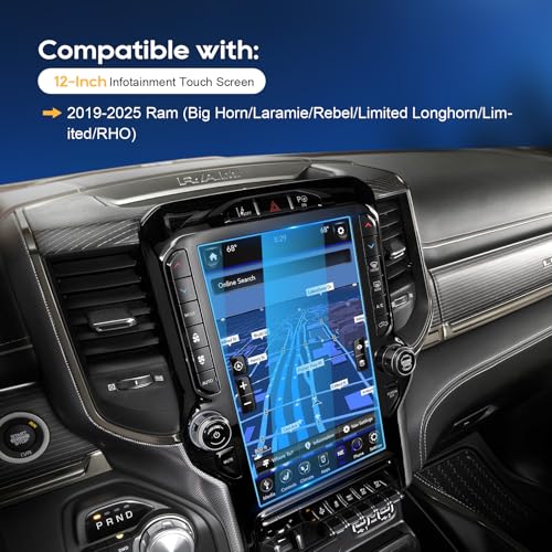 Image of 2019-2025 2026 Ram 1500 2500 3500 Screen Protector 12 inch for Dodge Ram (Laramie /Rebel /RHO /Limited /Limited Longhorn /TRX) Uconnect 12-inch Touchscreen, 9H Tempered Glass 2025 2026 Ram 1500 Accessories