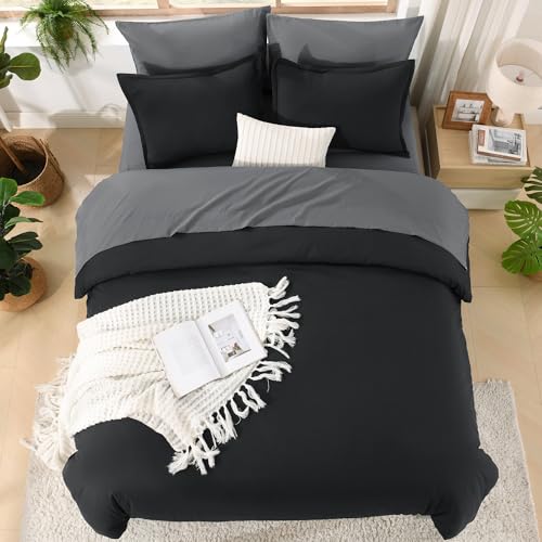 Litanika Comforter California King Size Set Black Grey - 7 Pieces Bed in a Bag California King Bedding Comforter Sets, Plain Lightweight Bed Set with Comforter, Sheets, Pillowcases & Shams