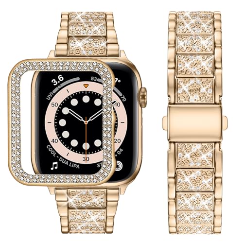 wutwuk Compatible Apple Watch Straps 45mm Women Metal Sparkling iWatch band with Bling Case