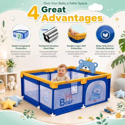 Image of Baby Playpen for Babies & Toddlers 0 to 5 Years Play Yard Foldable Kids Playpen with Safety Lock, Large Indoor & Outdoor Play Area mesh Play Setup (Blue, 120 * 120 cm)