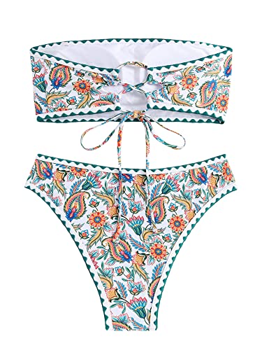 Image of ZAFUL Women Strapless Textured Bandeau Bikini 2 Piece Swimwear Cheeky Solid Lace up Bathing Suits