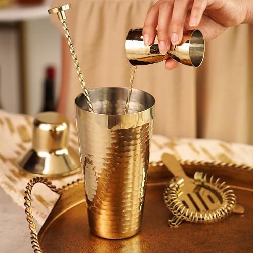 Twine 4-Piece Gold Hammered Cocktail Shaker Set Includes Cobbler Shaker, Strainer, Jigger, Bar Spoon for Classic Cocktails, Mixed Drinks, Cold Brew, Home Bar Tools, Bartender Kit, Bar Cart Accessories - Thumbnail 3