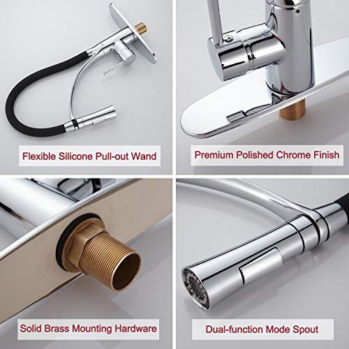 Roddex Pullout Kitchen Faucet Solid Brass Single Handle One Hole Kitchen Sink Faucet With 360 Swivel Modern Black Rubber Neck Pull Down Sprayer, 3 Hole Deck Plate, Polished Chrome #TOP3